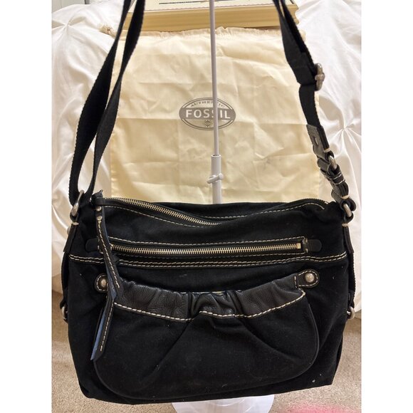 Fossil Black Canvas & Faux Leather Shoulder Bag With Adjustable Strap - Picture 12 of 16